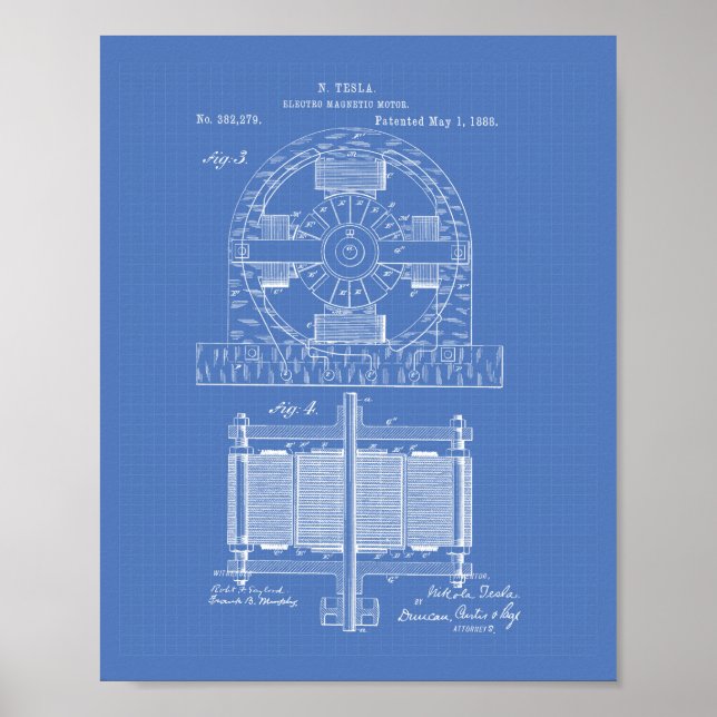 Nikola Tesla 1888 Patent Art - Blueprint Poster (Framsidan)