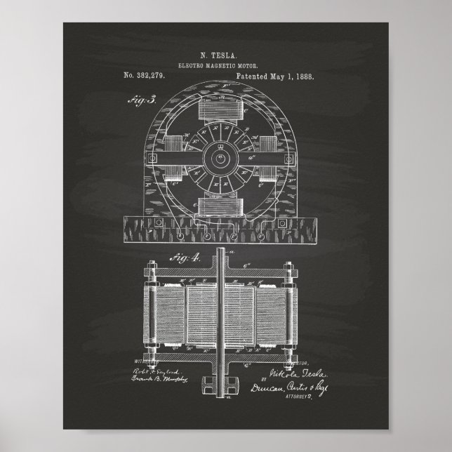 Nikola Tesla 1888 Patent Art - Chalkboard Poster (Framsidan)