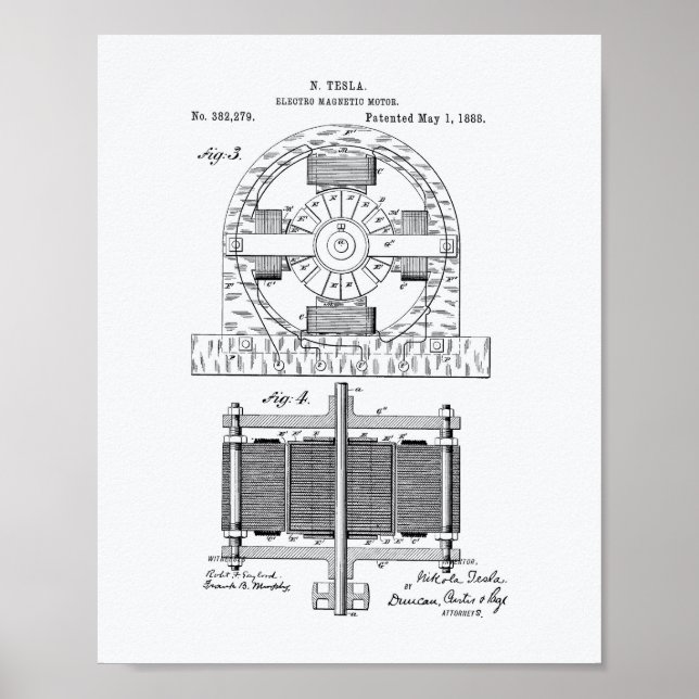 Nikola Tesla 1888 Patent Art - White Papper Poster (Framsidan)