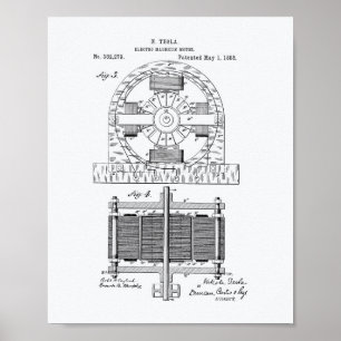 Nikola Tesla 1888 patenterad konst - vitpapper Poster