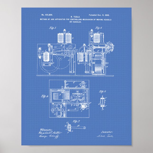 Nikola Tesla 1898 Patent Art - Blueprint Poster (Framsidan)