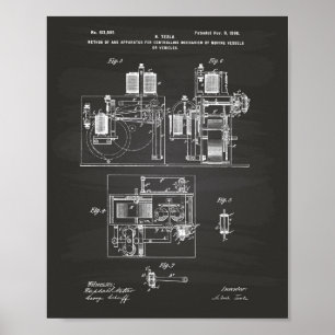 Nikola Tesla 1898 patenterad konst - svart tavla Poster