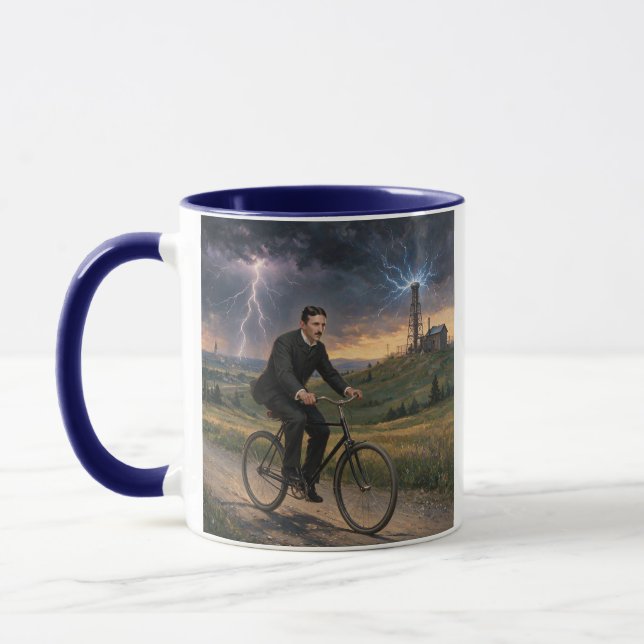 Nikola Tesla cyklar till sitt labb cirka 1893 Mugg (Vänster)