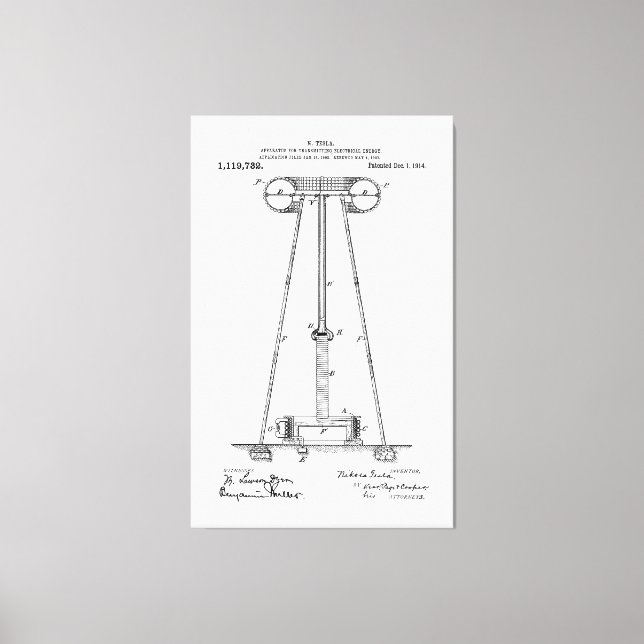 Nikola Tesla Energy Transmission Pantent US1119732 Canvastryck (Framsida)