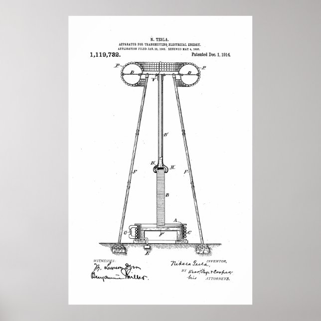 Nikola Tesla Energy Transmission Pantent US1119732 Poster (Framsidan)