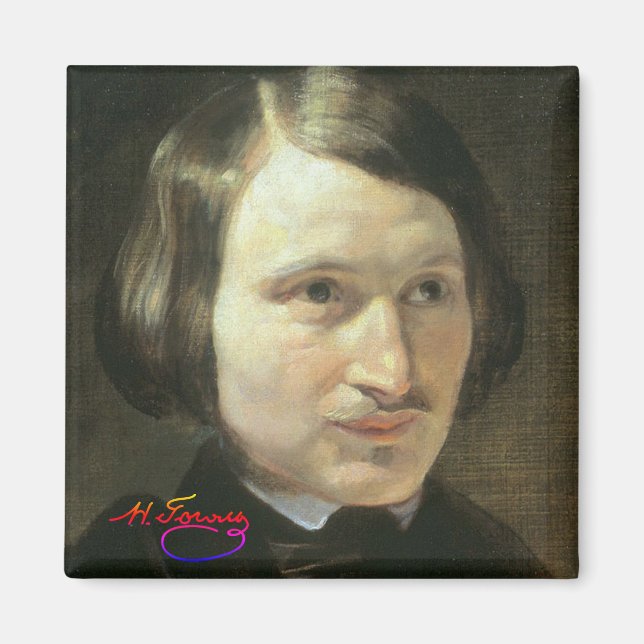 Nikolai Gogol Porträtt och Namnteckning Magnet (Framsidan)