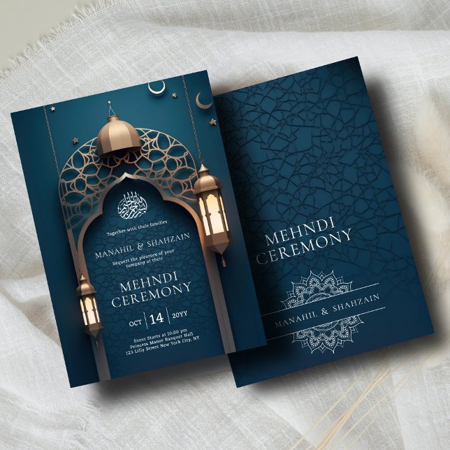 Nile Blue Islamic 3D Arch Elegant Mehndi Ceremony Inbjudningar (Skapare uppladdad)