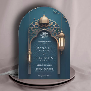 Nile Blue Islamic 3D Arch Elegant Muslim Bröllop Inbjudningar