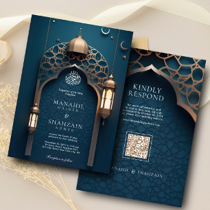 Nile Blue Islamic 3D Arch Elegant Muslim Bröllop Inbjudningar