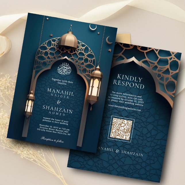 Nile Blue Islamic 3D Arch Elegant Muslim Bröllop Inbjudningar (Skapare uppladdad)