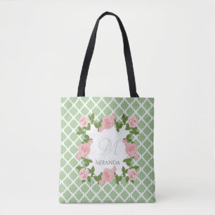 Nile Green Quatrefoil Rosa Ros Monogram Med Namn Tygkasse