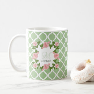 Nile grön Quatrefoil rosa rosMonogram med namn Kaffemugg