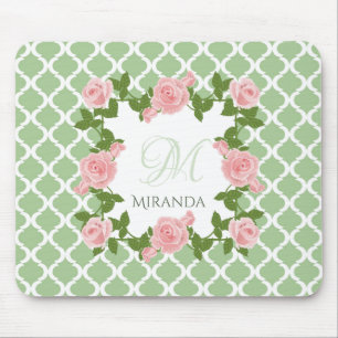 Nile grön Quatrefoil rosa rosMonogram med namn Musmatta