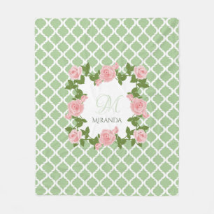 Nilen Grönt Quatrefoil Rosa ros Monogram med Namn Fleecefilt
