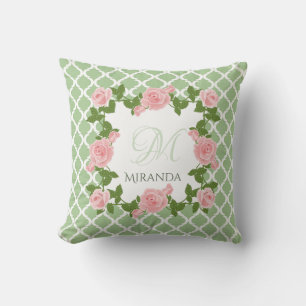 Nilen Grönt Quatrefoil Rosa ros Monogram med Namn Kudde
