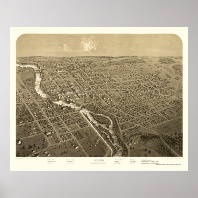 Niles, MI Panoramic Karta - 1868 Poster (Framsidan)