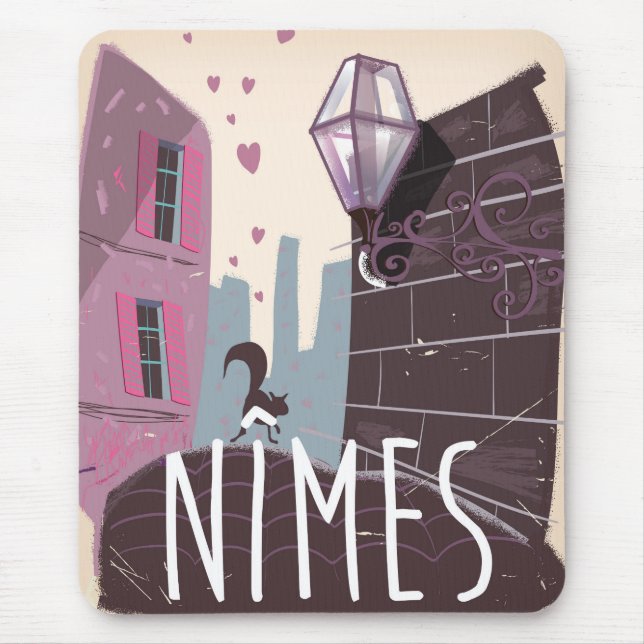 Nîmes Frankrike Tecknad resa affisch Musmatta (Framsidan)