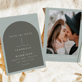 NINA Boho Sage Grönt Arched Photo Save Date Inbjudningar