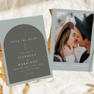 NINA Boho Sage Grönt Arched Photo Save Date Inbjudningar