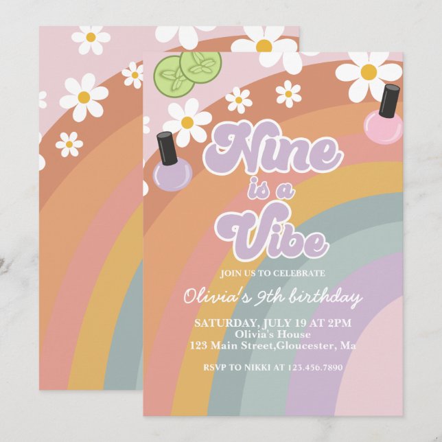 Nine är en vibe Spa Rainbow 9:e födelsedagen Inbjudningar (Fram/baksida)