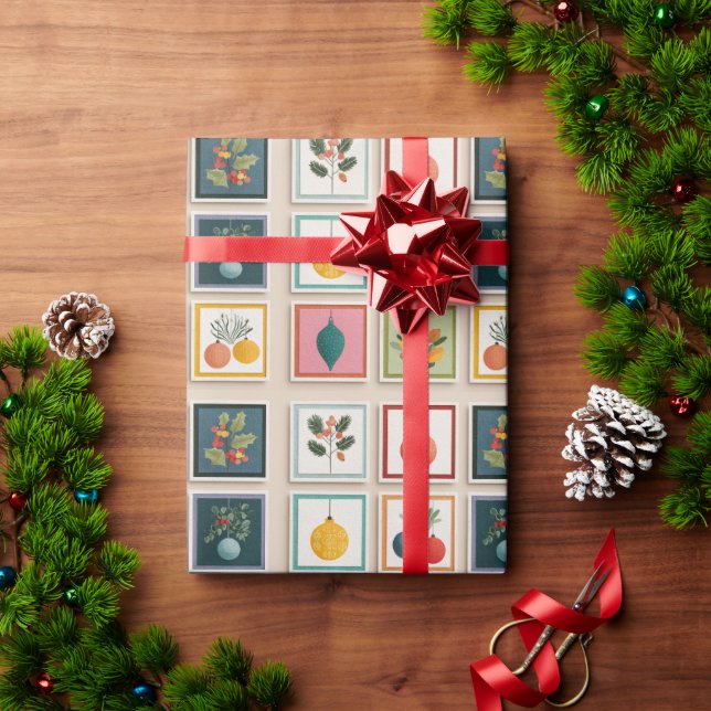 Nine Christmas Ornaments in Bold Frames Presentpapper (Julgåva)