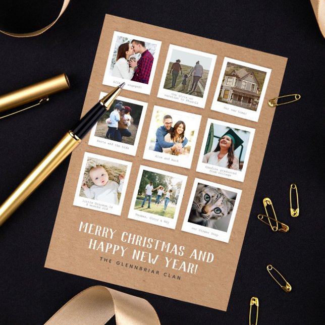 Nine Instant Photo Style Year in Review Helgkort (instant photo print style collage of nine photos and caption text Christmas and new year card)