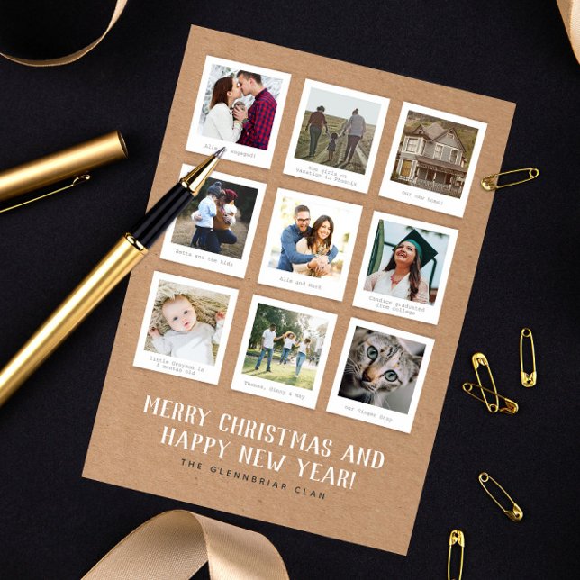 Nine Instant Photo Year in Review Julkort (nine instant style square photos Christmas holiday new year photo card year in review recap)