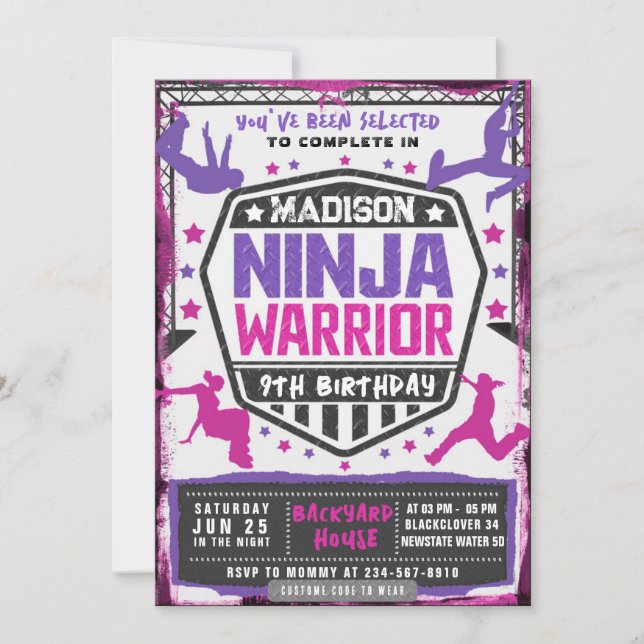 Ninja Athletic Warrior Rosa Lila Födelsedagsfest Inbjudningar (Framsida)