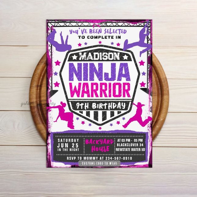 Ninja Atletisk Fighter Rosa Lila Födelsedagsfest Inbjudningar (Ninja Athletic Fighter Pink Purple Birthday Party Invitation)