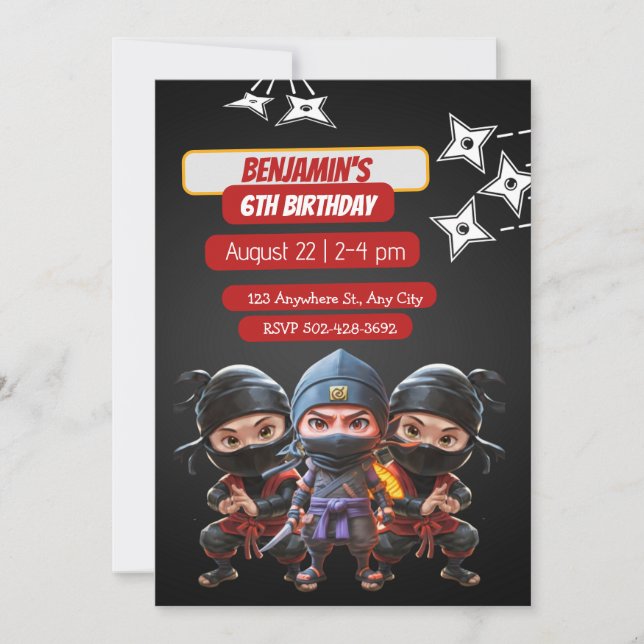 Ninja Birthday Bash:bjudan till Roligts- och hälso Inbjudningar (Framsida)