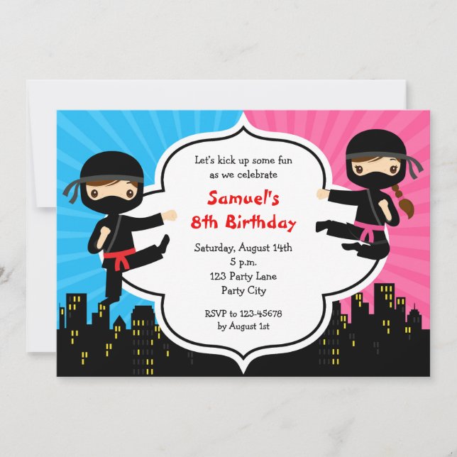 Ninja Birthday Bjud in Boy Girl Twillingars Split Inbjudningar (Framsida)