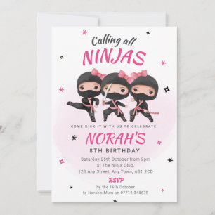 Ninja Birthday Call Rosa Girls Karate Party Inbjudningar