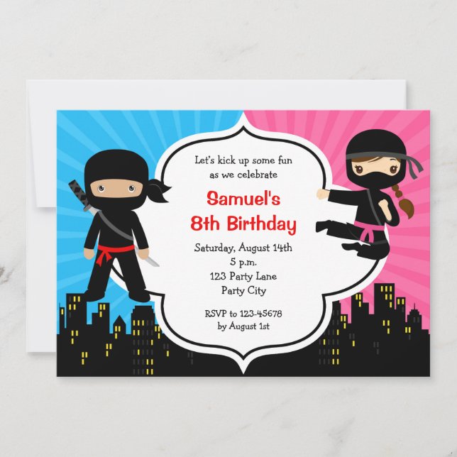 Ninja Birthday-inbjudningar (Boy Girl Twillingars  Inbjudningar (Framsida)