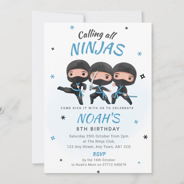 Ninja Birthday Invitation - Blue Karate Party Inbjudningar (Framsida)