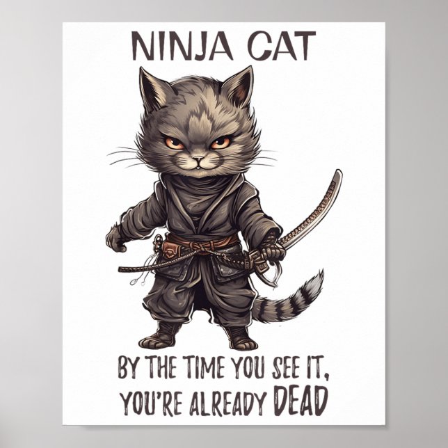Ninja Cat, Japanska Samurai Kawaii Cat Tattoo Funn Poster (Framsidan)