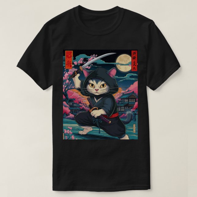 Ninja Cat med Katana Sword Japansk martial Art T Shirt (Design framsida)