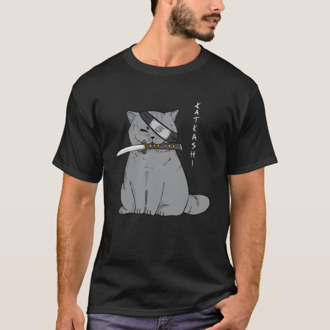 Ninja Cat med Samurai Sword i Mouth T Shirt (Framsida)