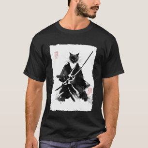 Ninja Cat Samurai Japansk Sumi-e bläckkonst Vin T Shirt