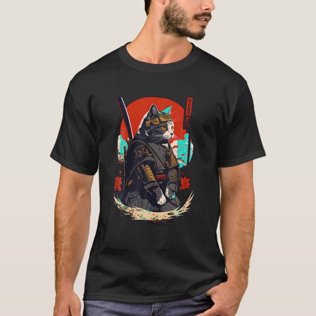 Ninja Cat Samurai Kitten Retro Japanska Warrior Ka T Shirt (Framsida)