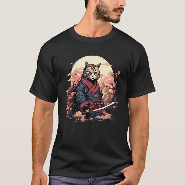 Ninja Cat Samurai Konstverk T Shirt (Framsida)