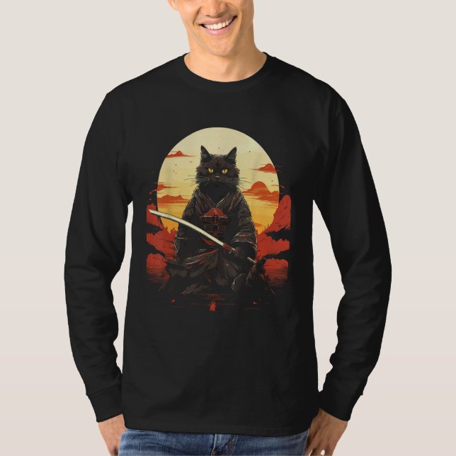 Ninja Cat Samurai Sword Meow Warrior T Shirt (Framsida)