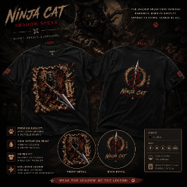 Ninja Cat Shadow Spear T-Shirt – 3D Pop-Up Warrior