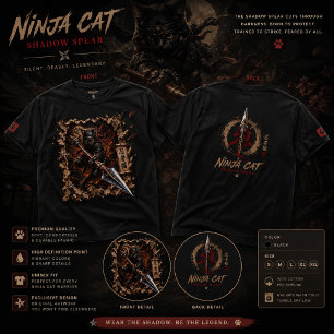Ninja Cat Shadow Spear T-Shirt – 3D Pop-Up Warrior