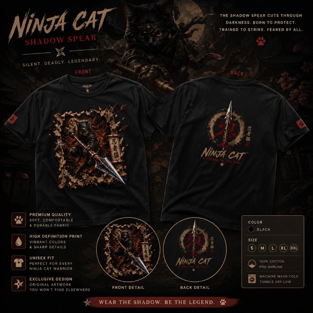 Ninja Cat Shadow Spear T-Shirt – 3D Pop-Up Warrior (Skapare uppladdad)