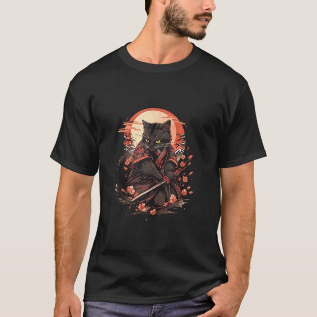 Ninja Cat Ukiyo e Stil Samurai Cat Japansk art A T Shirt (Framsida)