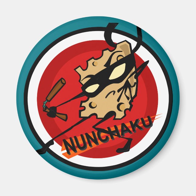 NINJA CHEESE MED NUNCHUCKS ROUND MAGNET (Framsidan)