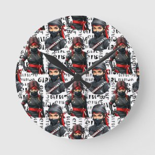 Ninja Flickor Anime Med Text Mönster Design Rund Klocka