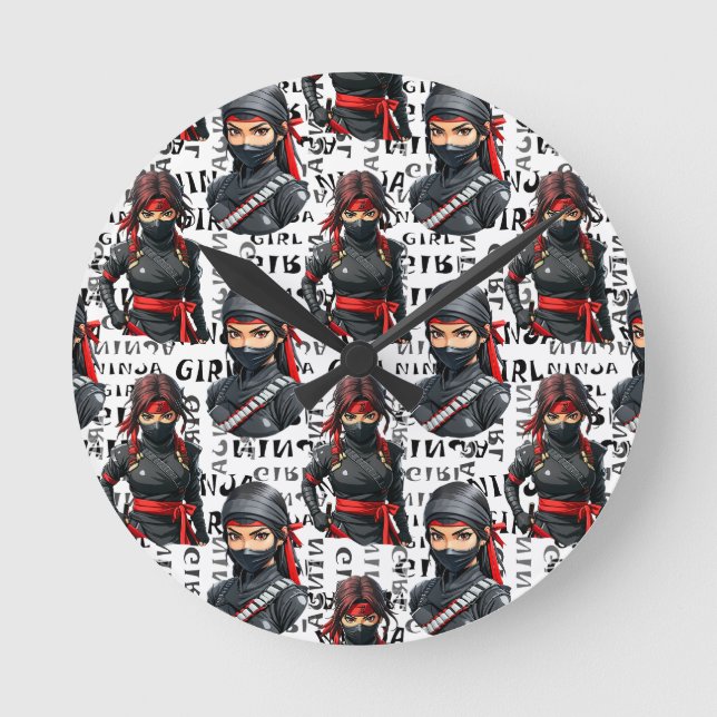 Ninja Flickor Anime Med Text Mönster Design Rund Klocka (Framsida)