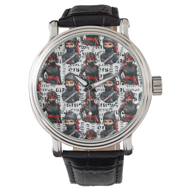 Ninja Flickor Anime Med Textmönsterdesign Armbandsur (Framsida)