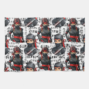 Ninja Flickor Anime Med Textmönsterdesign Kökshandduk